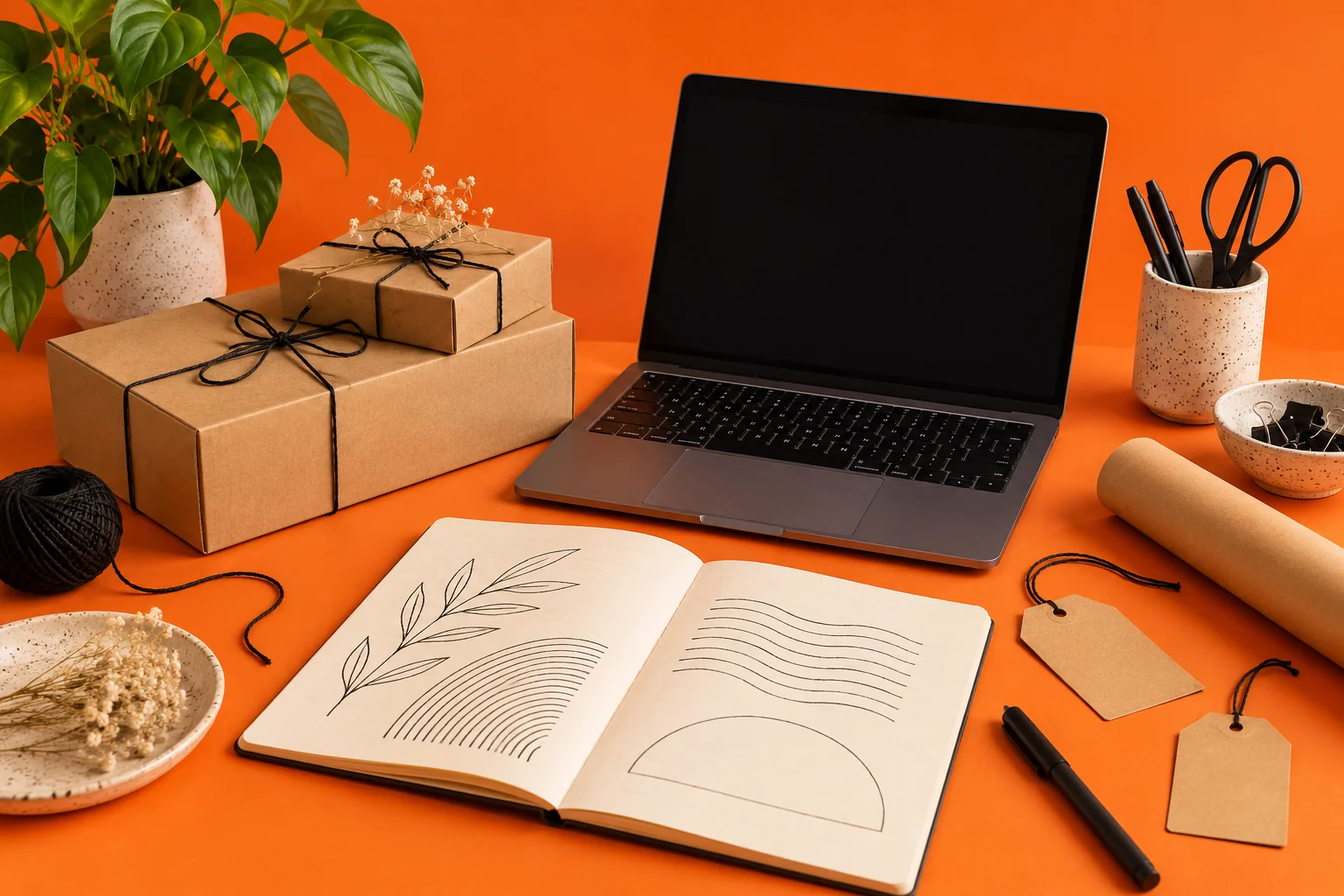 Mesa con computadora y empaques sin marca para un taller de inteligencia artificial para pequeños negocios
